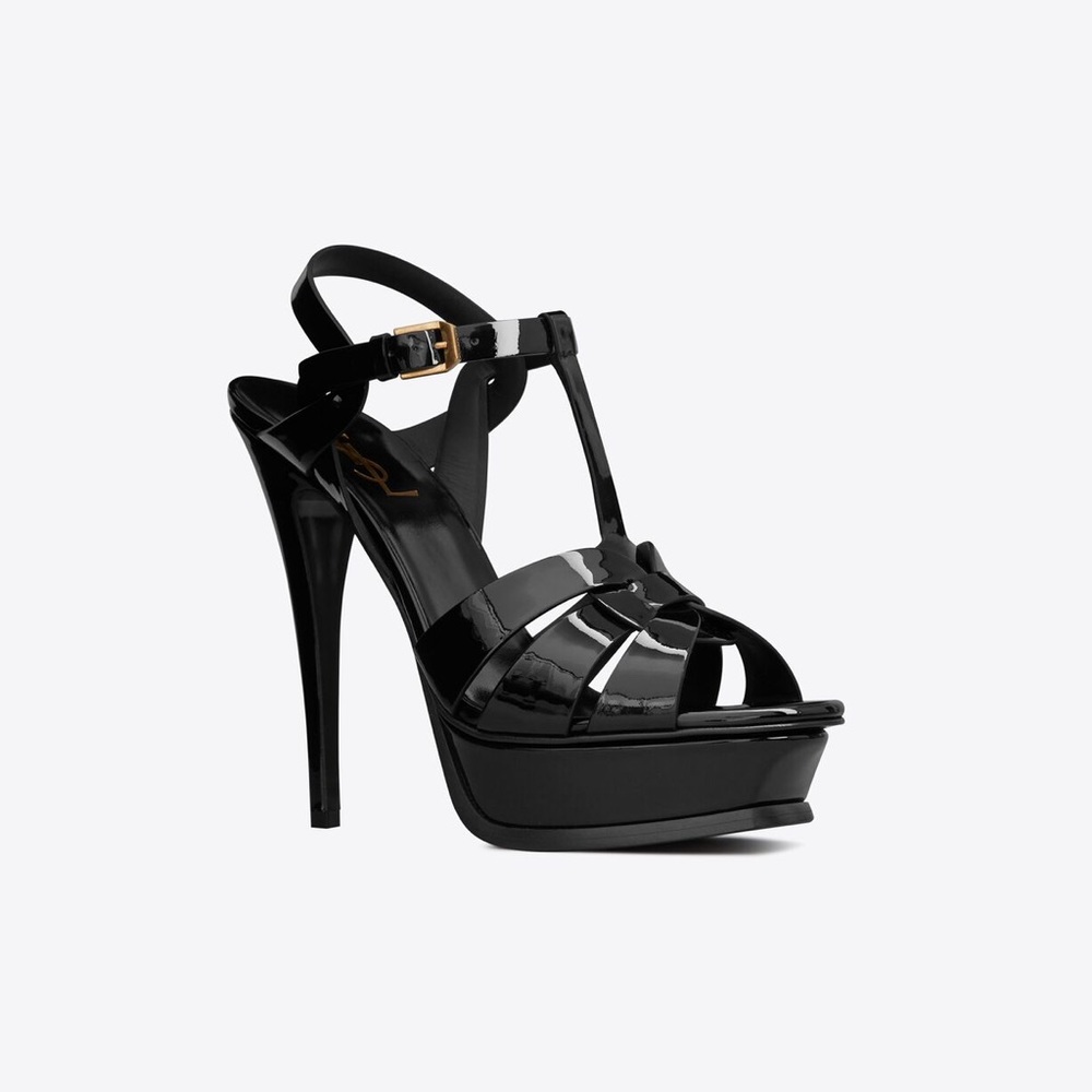 YSL SAINT LAURENT TRIBUTE PLATFORM SANDALS IN BLACK PATENT LEATHER SIZE 40